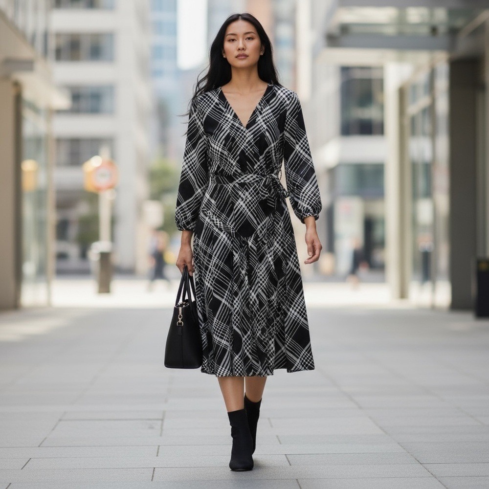 Ann Taylor Faux Wrap Midi V-Neck Long Sleeve Black White Plaid A-line Dress Sz 0